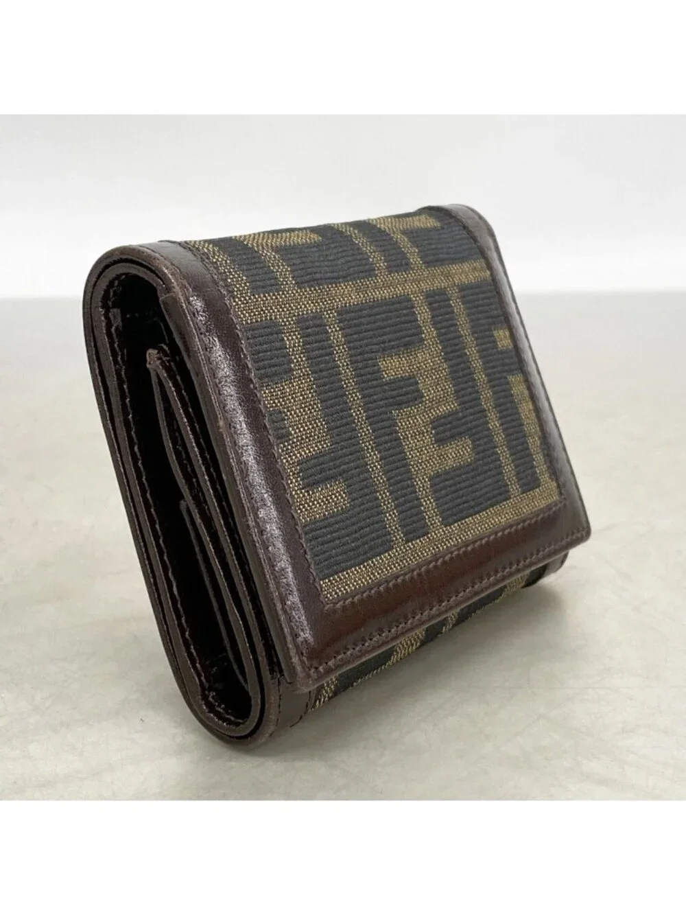 Fendi Trifold Wallet Zucca Nylon Canvas Brown Silver